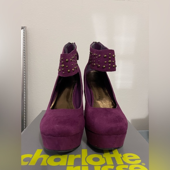 Studded Ankle strap, Zip Up Purple And Metallic Heels, Womens Size 9 - Picture 4 of 9